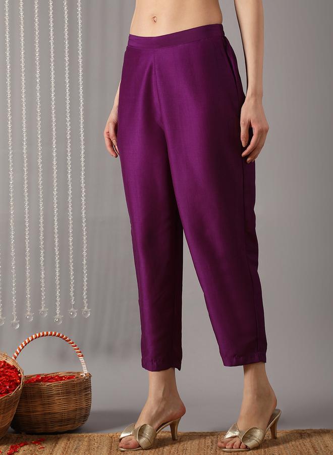 globus Women Purple Floral Embroidered Straight Kurta with Pant and Contrast Dupatta Set - Image 4